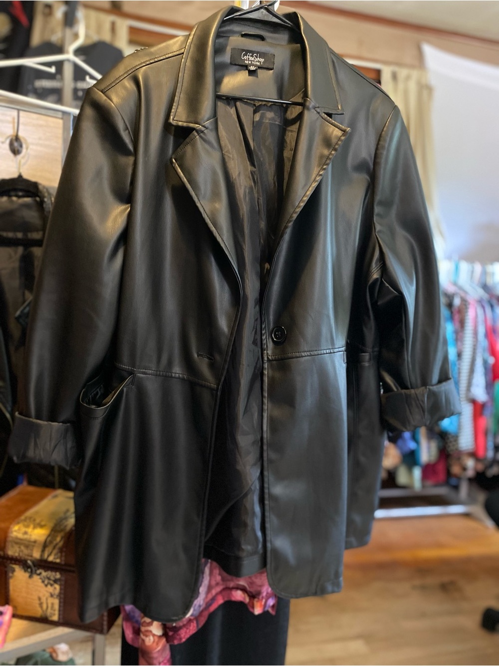 CoffeeShop Black Faux Leather Women's Blazer Jacket with Turned Cuffs